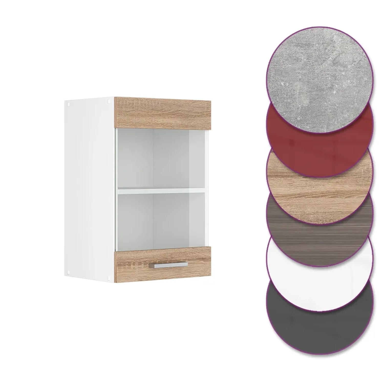 Vicco Küchenglasschrank R-Line, Sonoma/Weiß, 40 cm. Hängeschrank mit Glastür und Schublade.