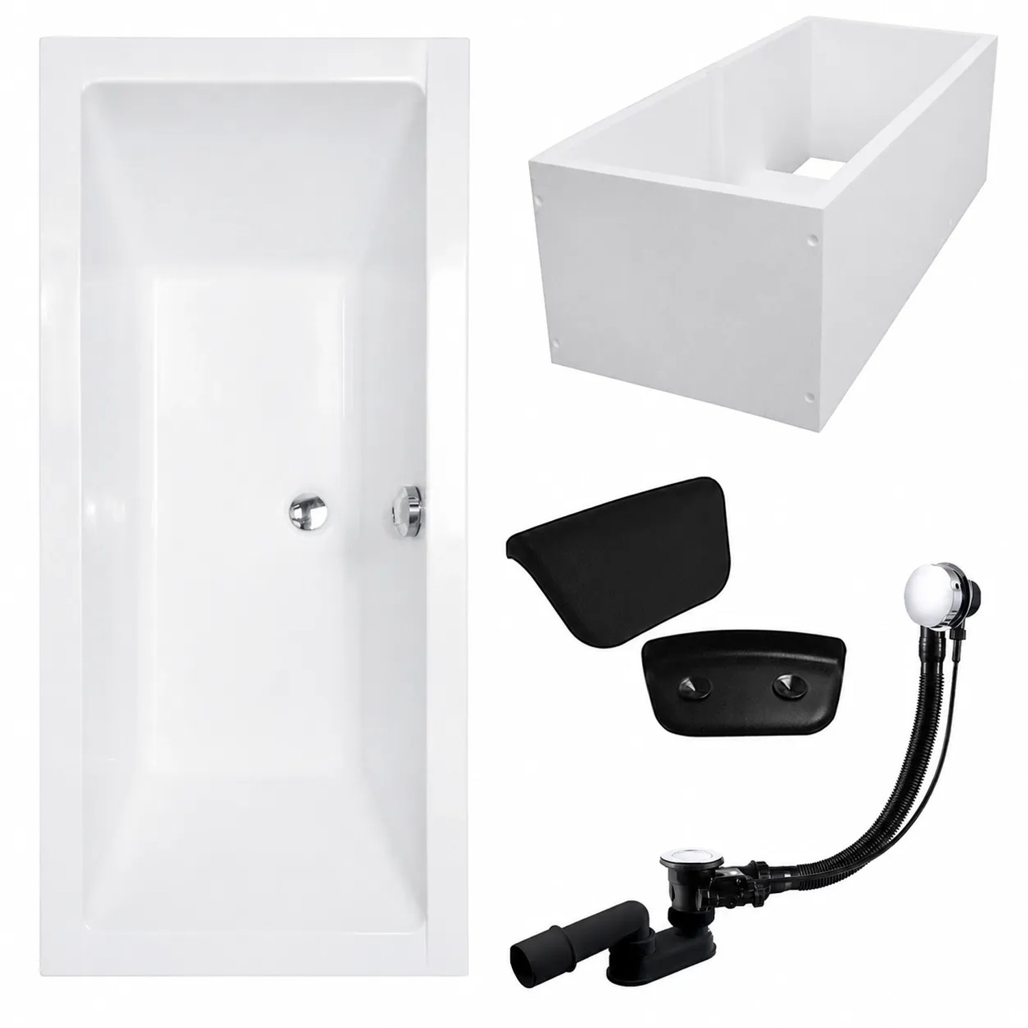 KOLMAN Badewanne Rechteck 180 x 80 Cm Mit Wannenträger Mit Kopfstütze KODI Inkl. Ablauf Und Füße