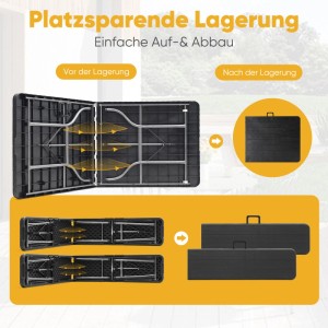 Sekey Bierzeltgarnitur 180cm, klappbar, schwarz. Vorher/Nachher-Ansicht der platzsparenden Lagerung.