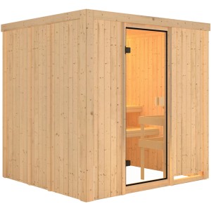 Karibu Sauna Tromsö mit bronzierter Glastür, Fronteinstieg. Massivholzsauna für den Innenbereich.