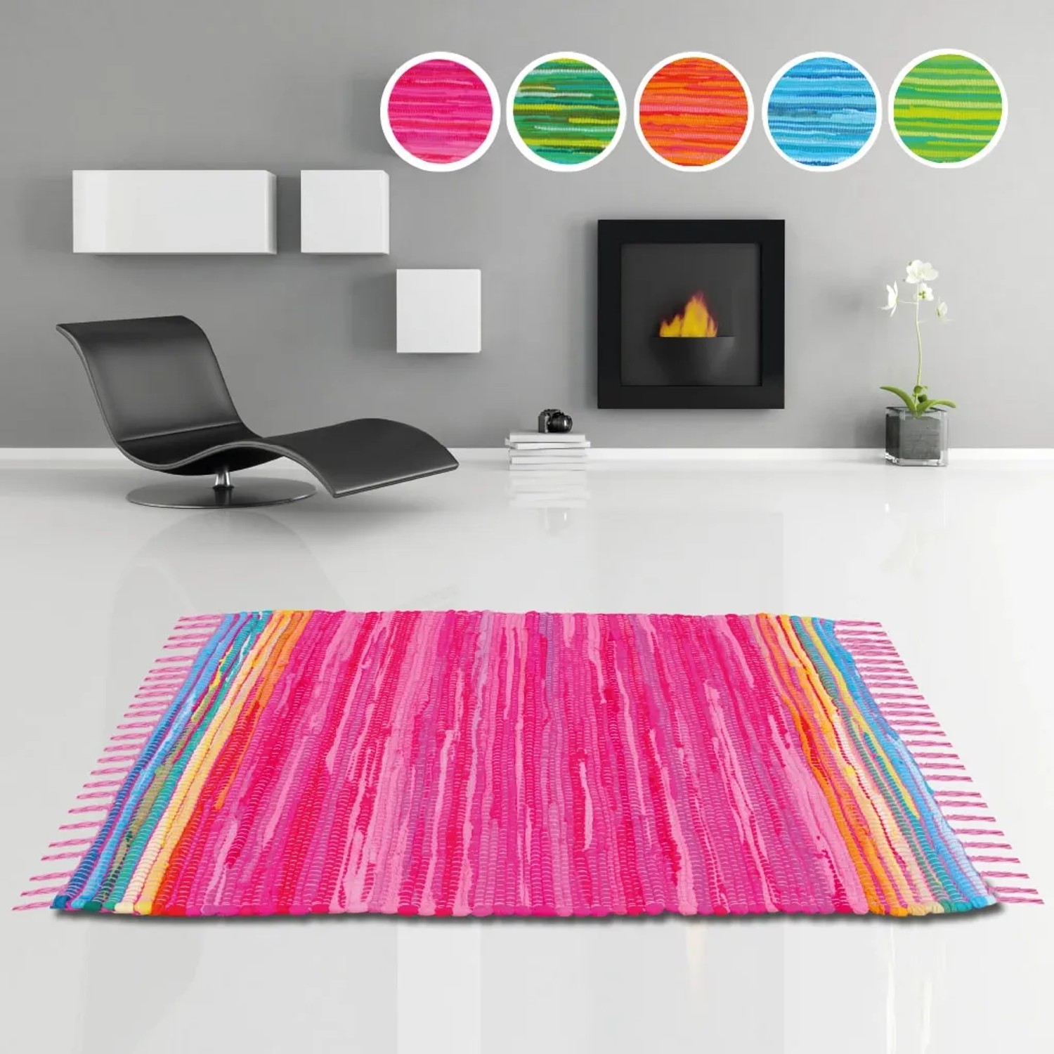Pinker Bestlivings Flickenteppich (70x180 cm) im Wohnraum. Baumwollteppich mit Fransen.