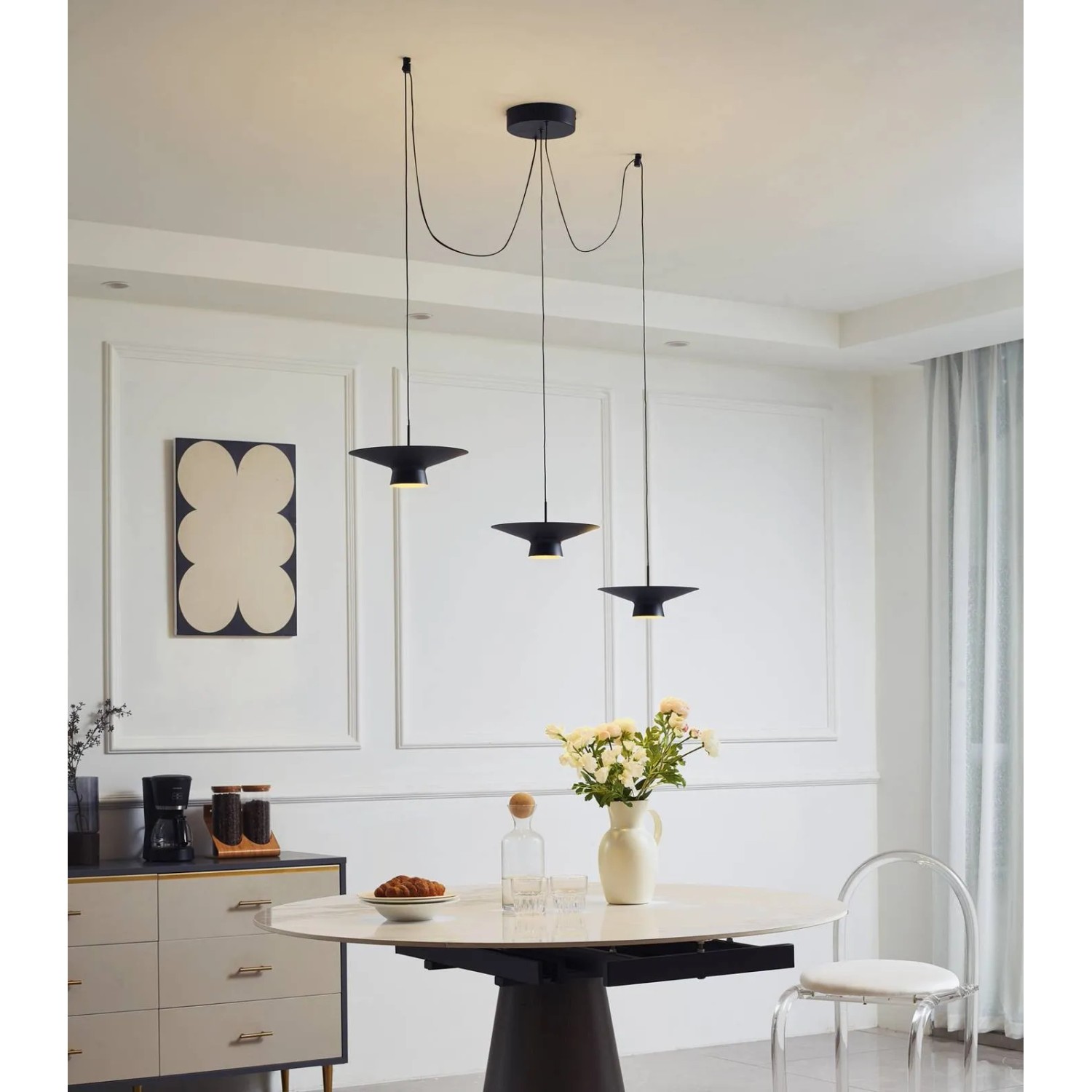 Moderne, dimmbare Lindby LED-Pendelleuchte Norvind, 6-flammig, schwarz, aus Metall.