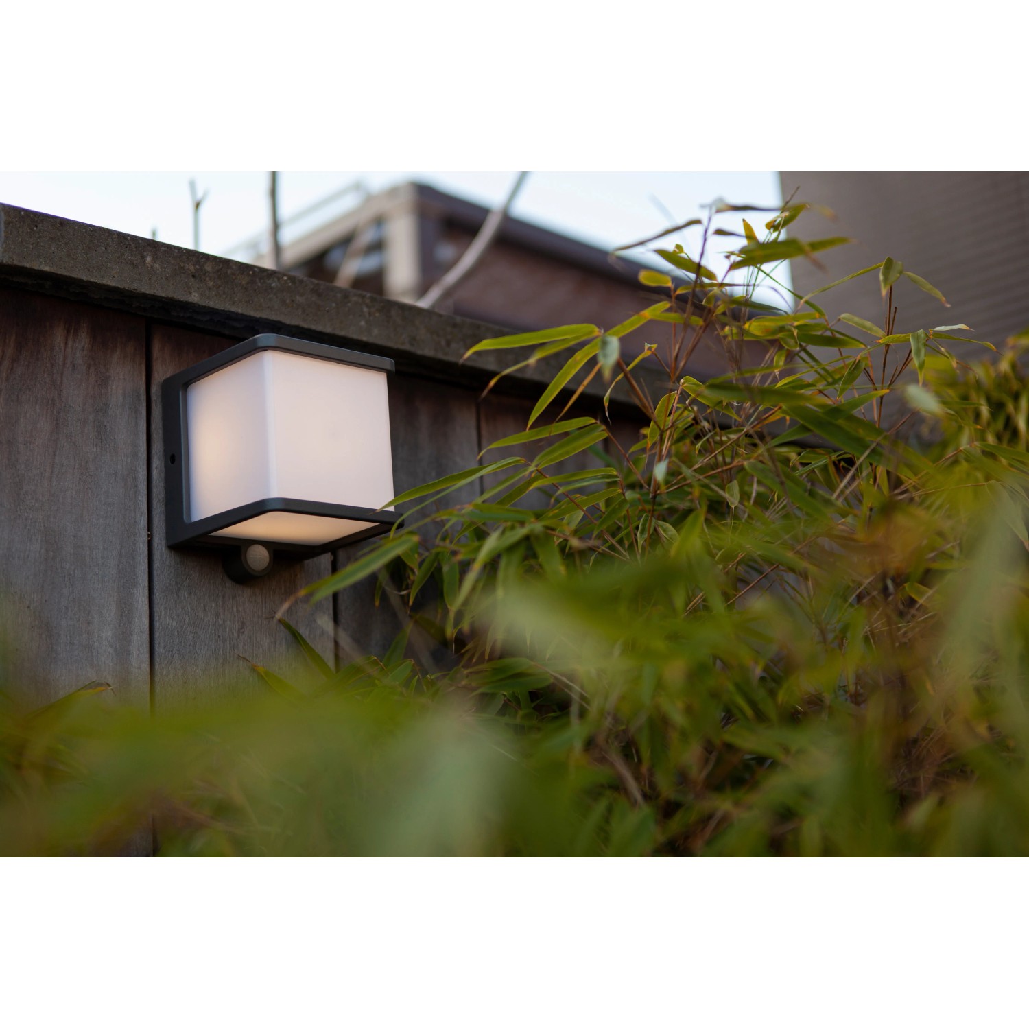Anthrazitfarbene Lutec LED Solar Wandleuchte Doblo mit Bewegungsmelder an Holzwand.