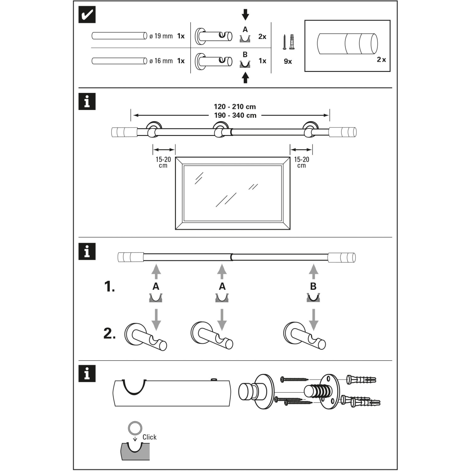 Abbildung des Gardinia Gardinenstangen-Sets Kreta Zylinder, weiß, mit Montageanleitung und Zubehör.
