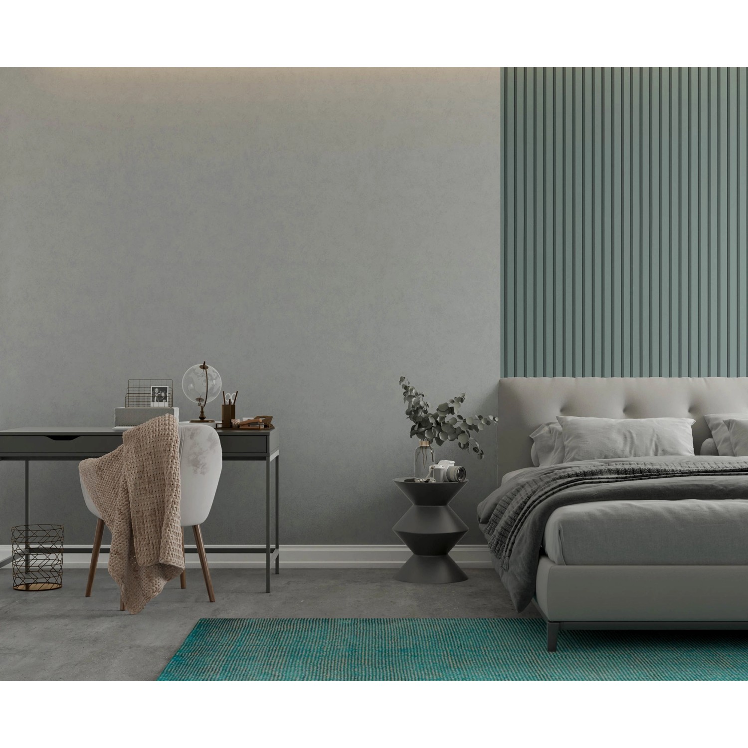 Graue Marburg Vliestapete GZSZ in Betonoptik im Schlafzimmer mit Bett und Schreibtisch.