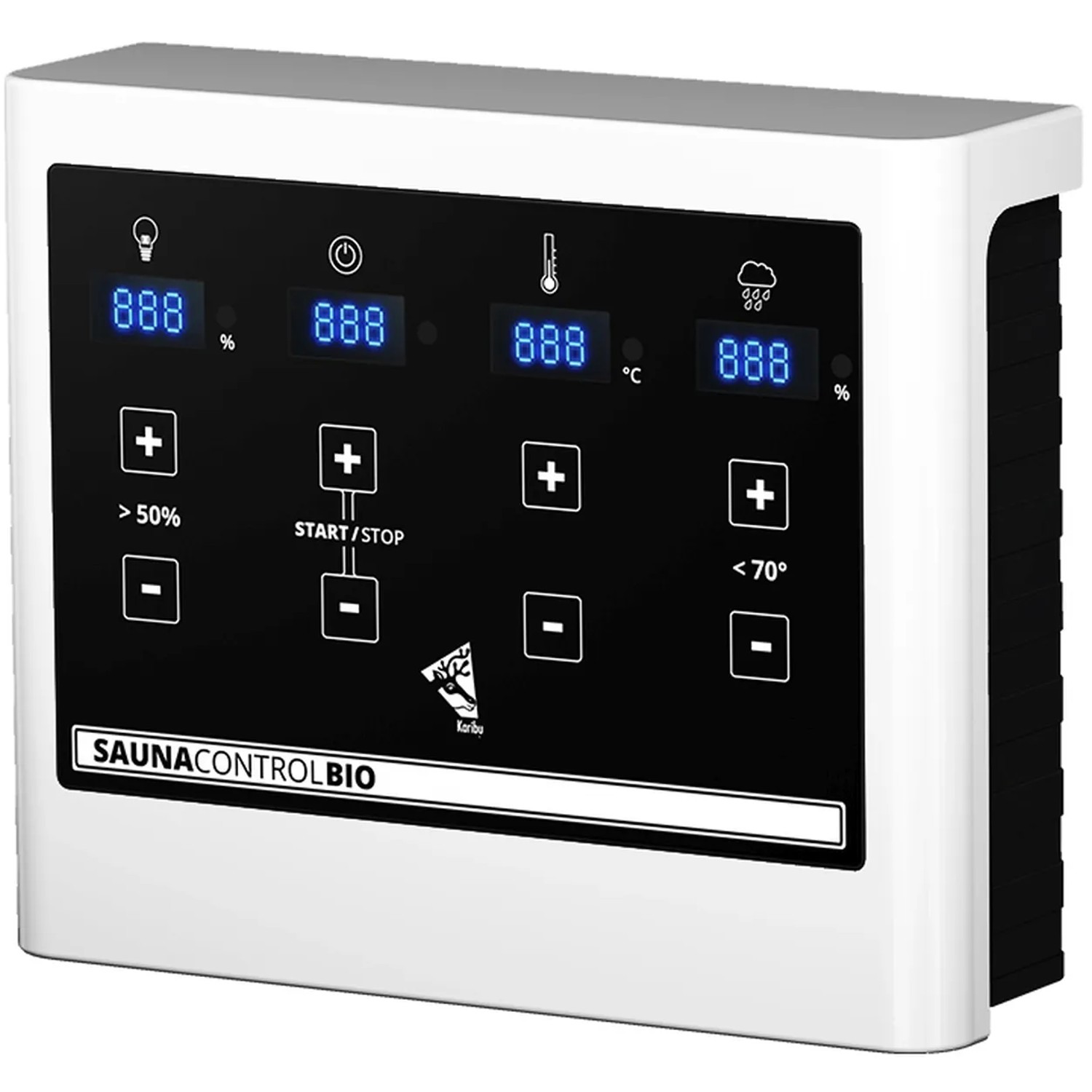 Karibu Sauna Steuergerät Gunda Bio mit digitaler Anzeige und Tasten zur Einstellung von Temperatur und Feuchtigkeit.