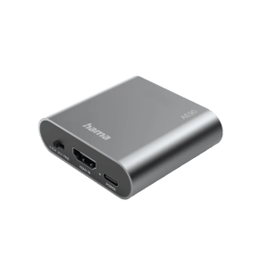 Silberner Hama HDMI-Audio-Extractor AE90 aus Aluminium mit HDMI-In, Power-Anschluss & Schalter. Kompaktes Multimedia-Zubehör.