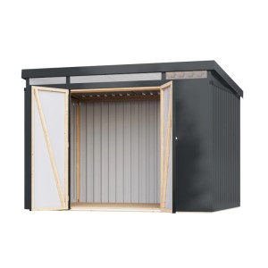 Karibu Metallgerätehaus Neos 3, anthrazit, mit geöffneten Türen und Oberlicht.