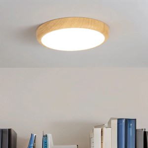 Runde LED-Deckenleuchte in Holzoptik, weißes Licht mit Farbwechsel für Wohnräume.