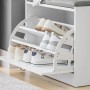 Graue SoBuy Schuhbank mit Sitzkissen und Schuhklappe, gefüllt mit Schuhen.