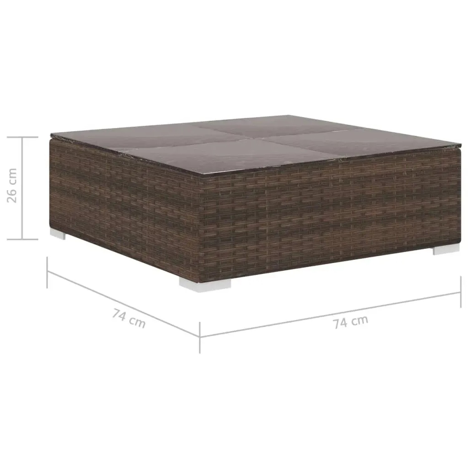 Quadratischer, brauner vidaXL Couchtisch aus Rattan mit Glasplatte, Teil des Garten-Lounge-Sets.