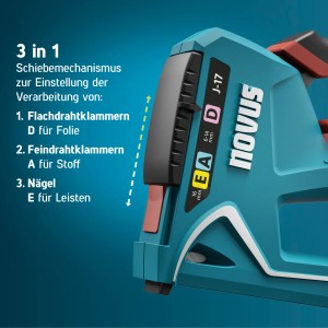 Novus Handtacker J-17: Detailaufnahme des Schiebemechanismus für Klammer-/Nagel-Auswahl.