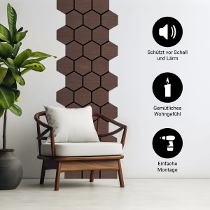 Homestyle4u Akustikpaneele: 8 braune Wandpaneele in Hexagon-Form an der Wand.