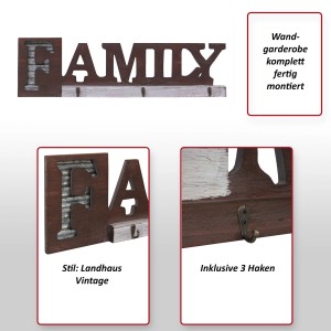 MCW Wandgarderobe A91 Family im Landhausstil mit 3 Haken aus MDF und Metall.