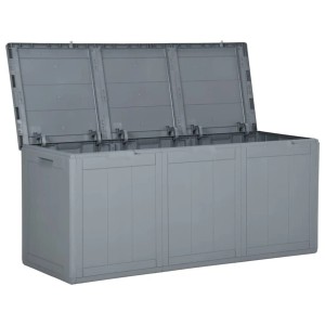 Geöffnete, graue VidaXL Garten-Aufbewahrungsbox (270 L) aus PP Rattan. Universalbox für Garten, Terrasse oder Balkon.