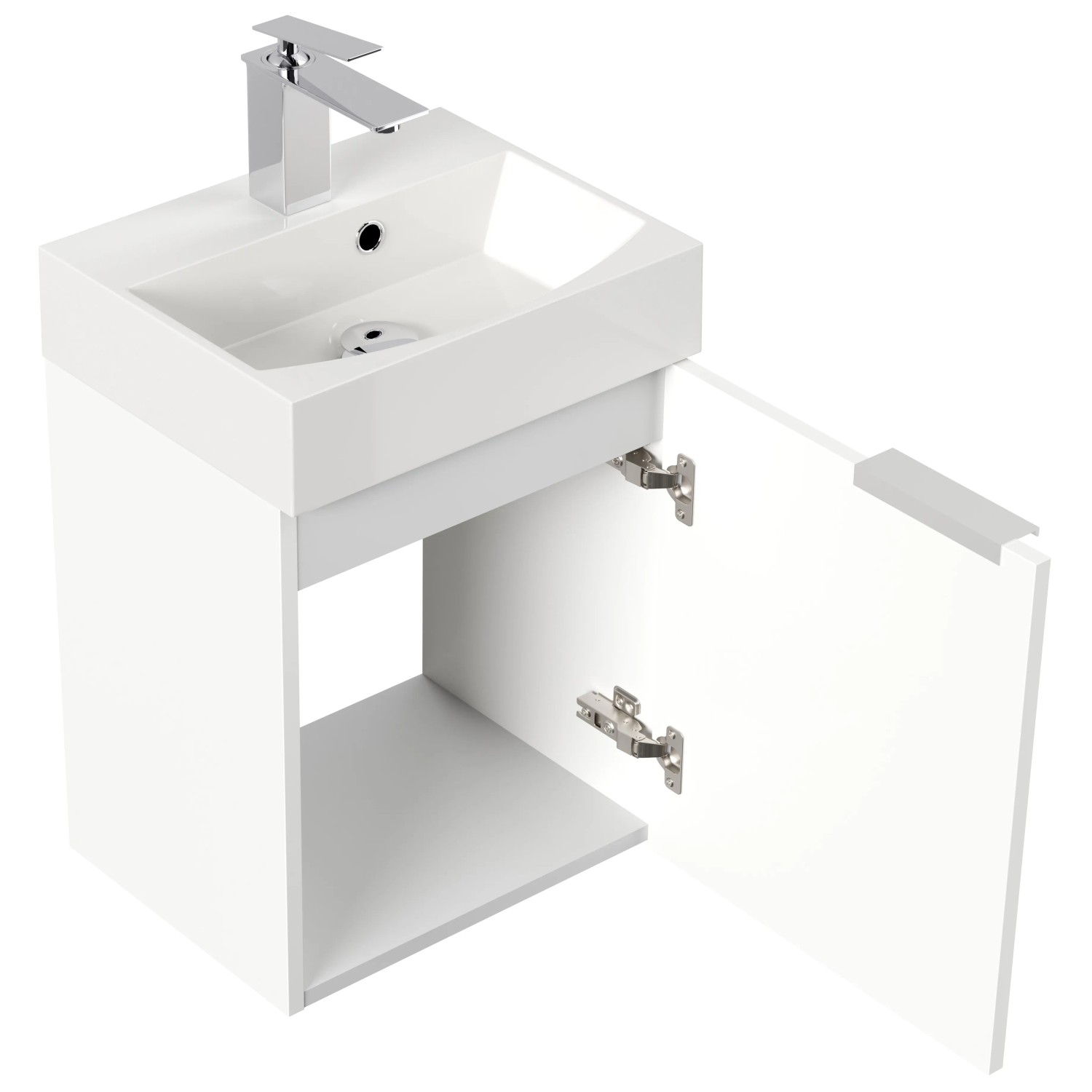 Posseik Badmöbel Cubi Slimline, 40 cm, Weiß Hochglanz mit offenem Schrankelement und Waschbecken.