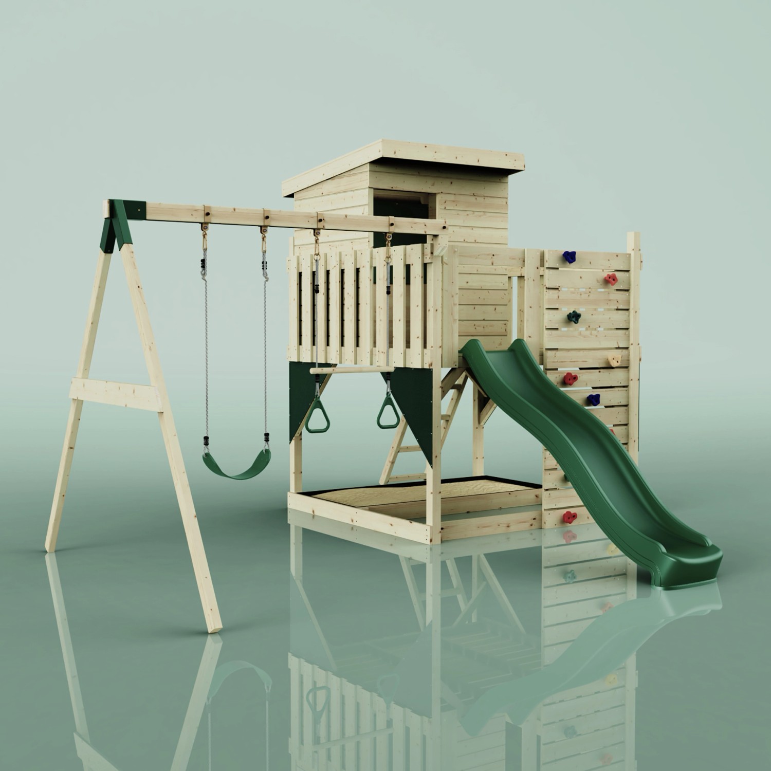 PolarPlay Spielturm Björn mit Schaukel, Rutsche und Kletterwand, aus Holz in Dunkelgrün.