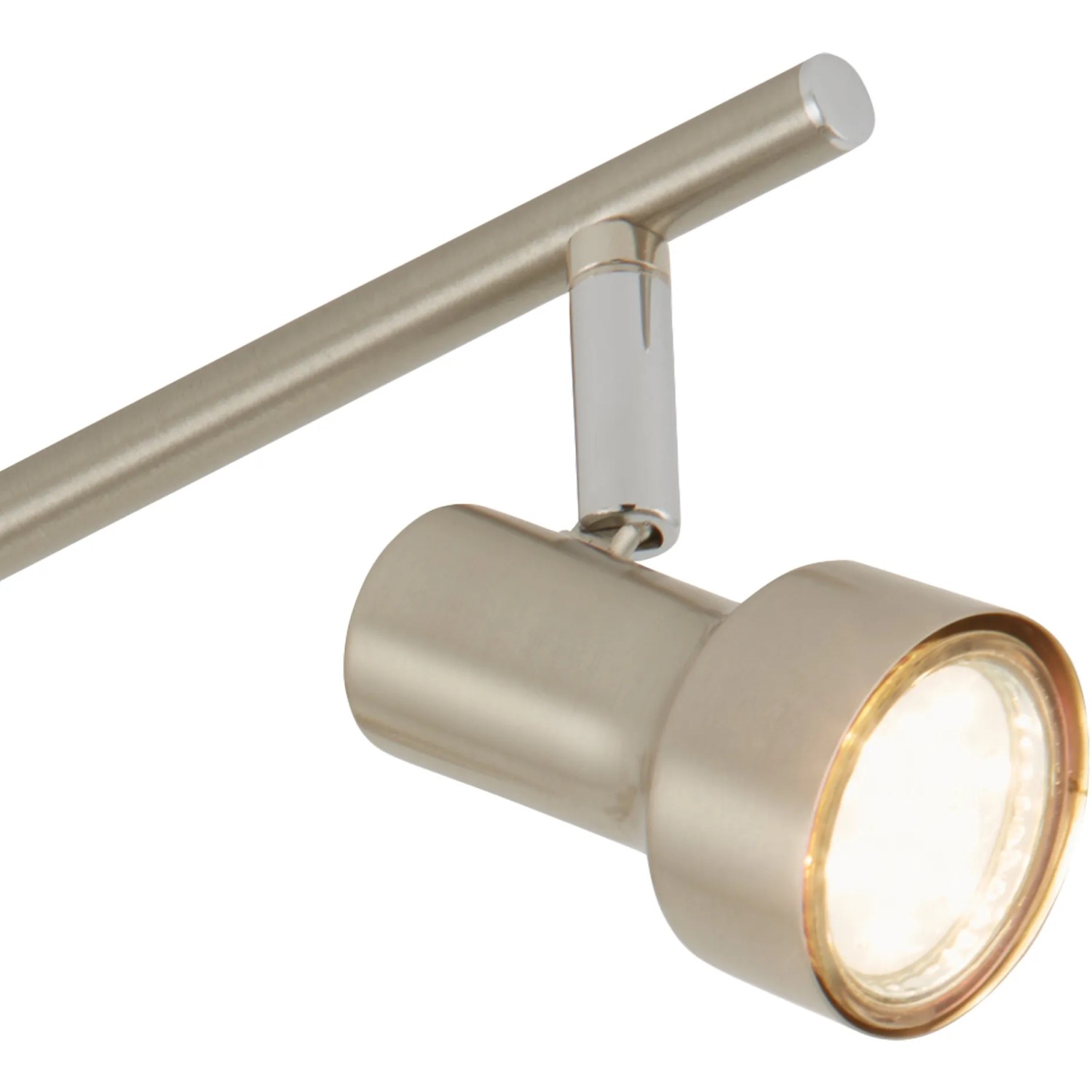 Briloner LED-Spot 3er, Nickel matt, Detailansicht eines einzelnen Spots mit warmweißem Licht.