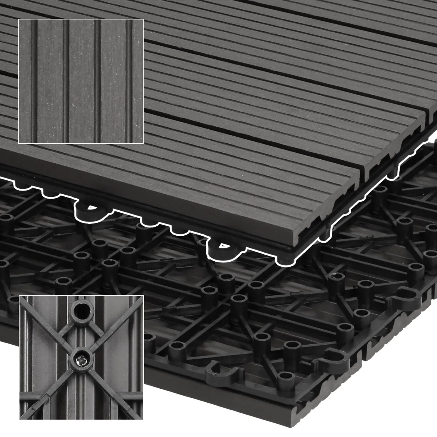 ECD Germany WPC Terrassenfliesen, 60x30 cm, 30er Set, Anthrazit Holzoptik, Klicksystem.