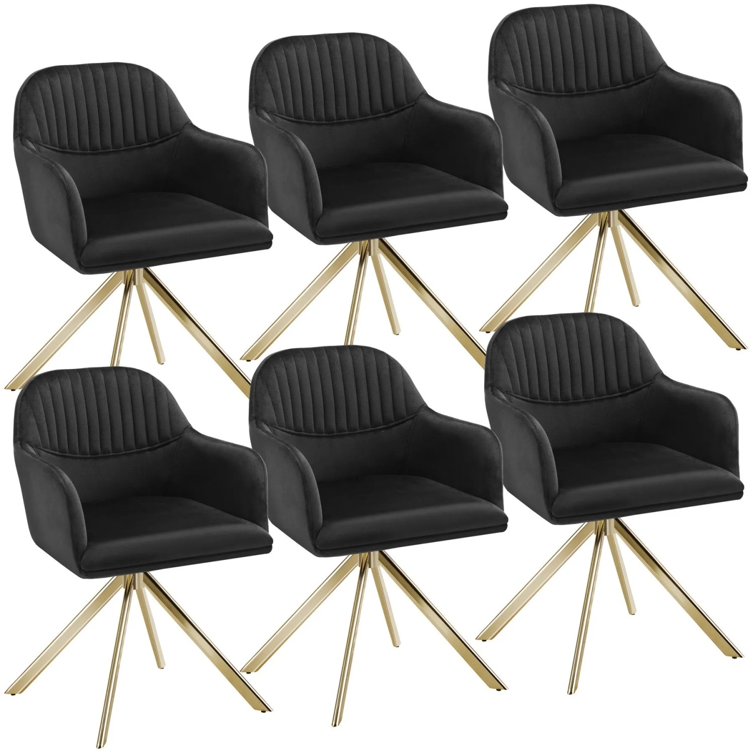 Tectake Samt Drehstuhl Lona Gepolstert Mit Durchgehender Lehne  6Er Set 59 x 56 x 81 cm Schwarz Gold