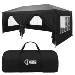 Schwarzer Pop Up Pavillon 3x6 m mit Fenstern und Tragetasche. Wasserdichter Faltpavillon für Garten und Events.