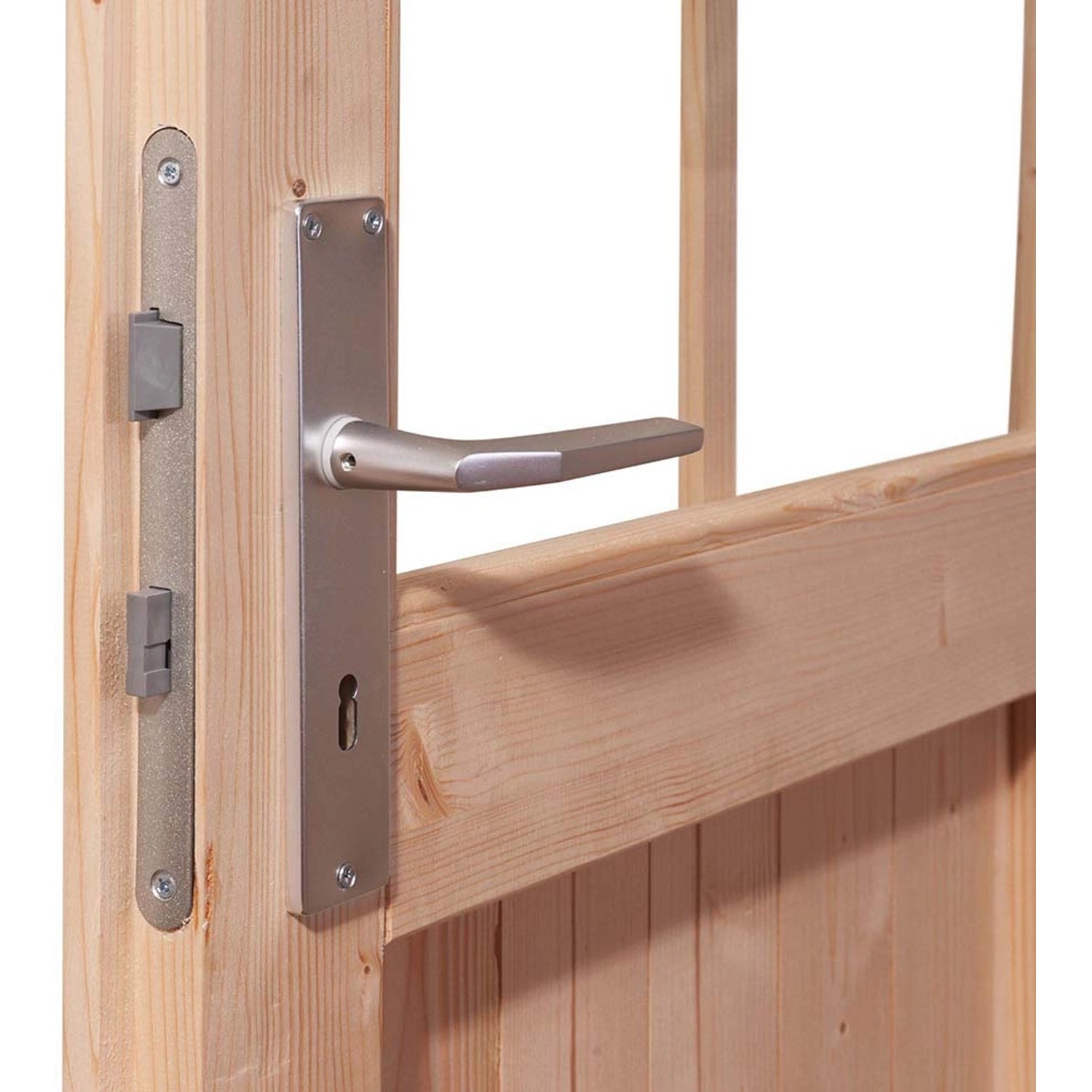 Detailaufnahme: Türgriff und Schloss des Karibu Holz-Gartenhauses Karlskoga.