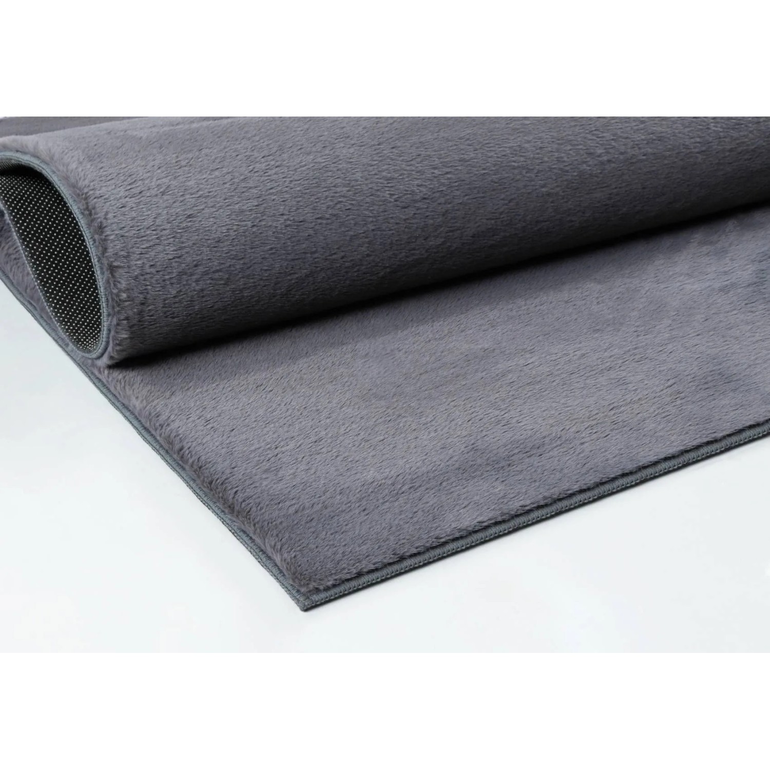 Grauer Floornovo Kurzflor Teppich (280x200 cm), Detailaufnahme der weichen Oberfläche und rutschfesten Rückseite.