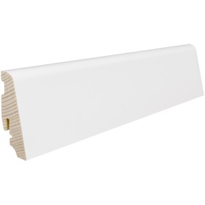 Weiße Sockelleiste Marmor-Optik, 58 mm hoch, 220 cm lang, zur Wandmontage.