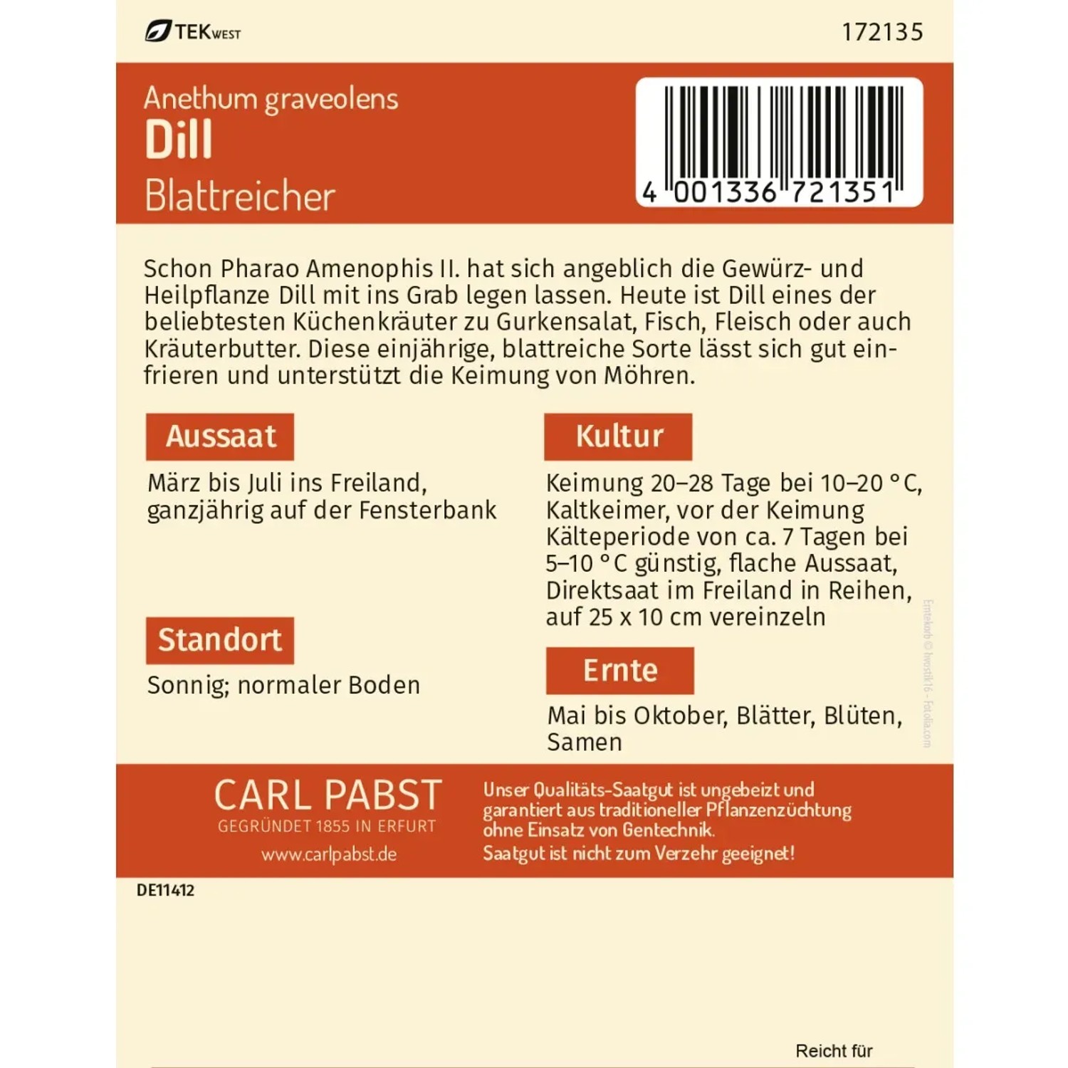 Pabst Keimkraft Dill Saatgut, blattreich für ca. 150 Pflanzen. Beliebtes Küchenkraut.