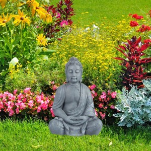 Relaxdays Buddha Figur Polyresin Hellgrau Sitzend Wetterfest Frostsicher 70 cm x 45 cm x 35 cm 9 kg