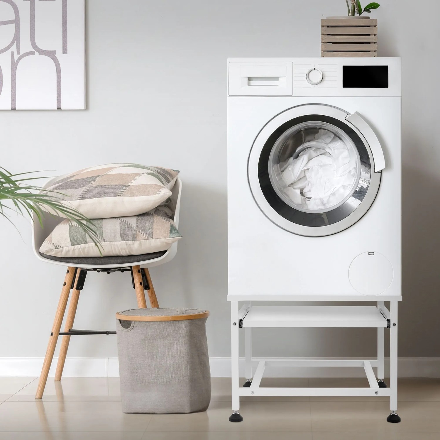 Weißes ML-Design Waschmaschinen-Untergestell aus Stahl mit ausziehbarer Ablage. Erhöht die Waschmaschine.