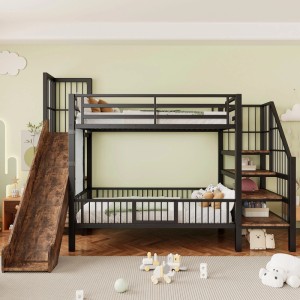 Schwarzes Metall-Hochbett mit Rutsche, Sicherheitstreppe und Stauraum für Kinder im Kinderzimmer.