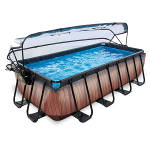 Rechteckiger EXIT Wood Pool 400x200x100cm mit Abdeckung, Sandfilterpumpe und Wärmepumpe.