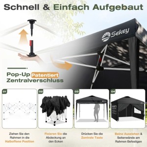 Sekey Faltpavillon 3x3m: Schneller Pop-Up Aufbau mit Zentralverschluss. Montage des Partyzelts mit Rahmen, Dach & Seitenteilen.