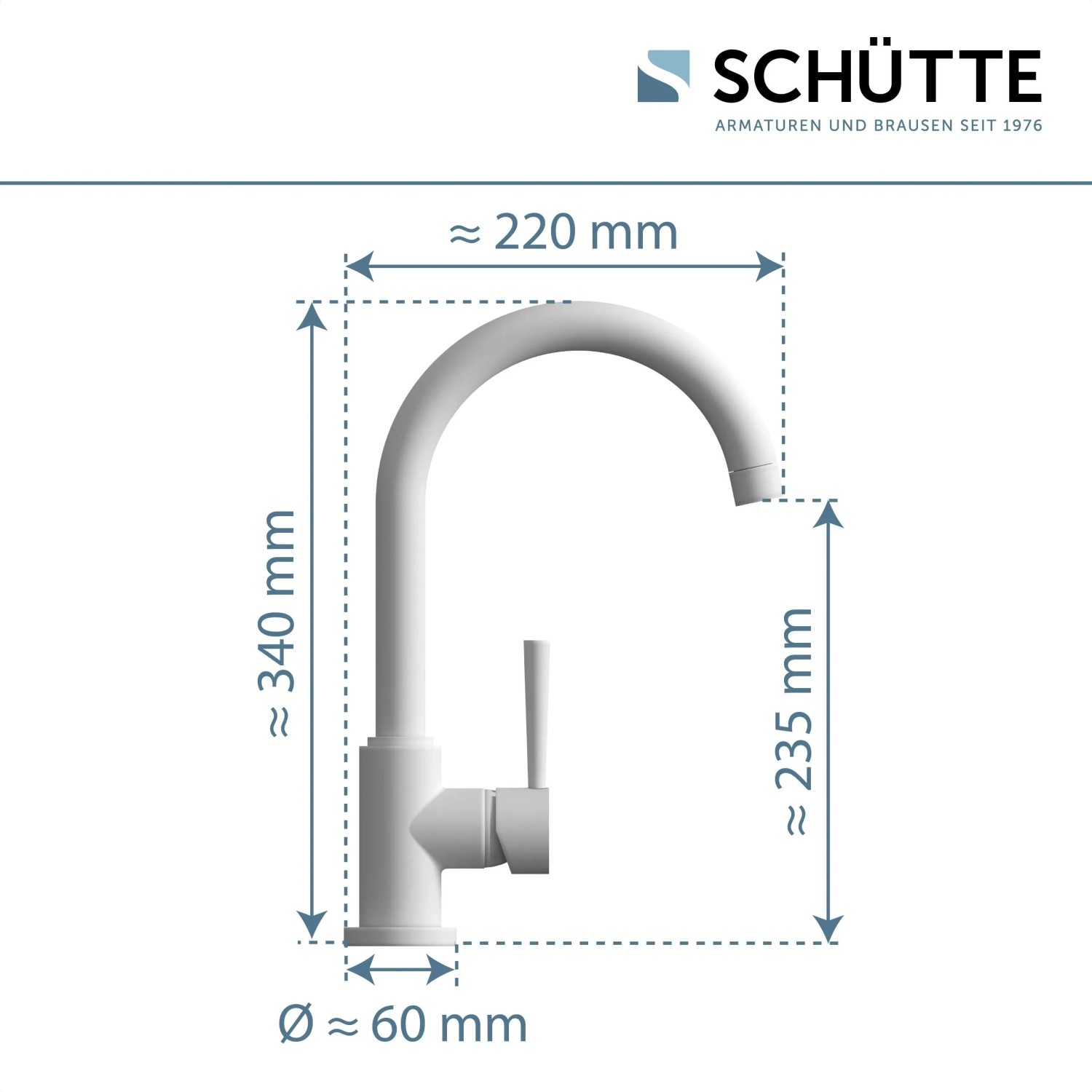 Schütte Spültischarmatur Cornwall, weiße Küchenarmatur mit Maßangaben.