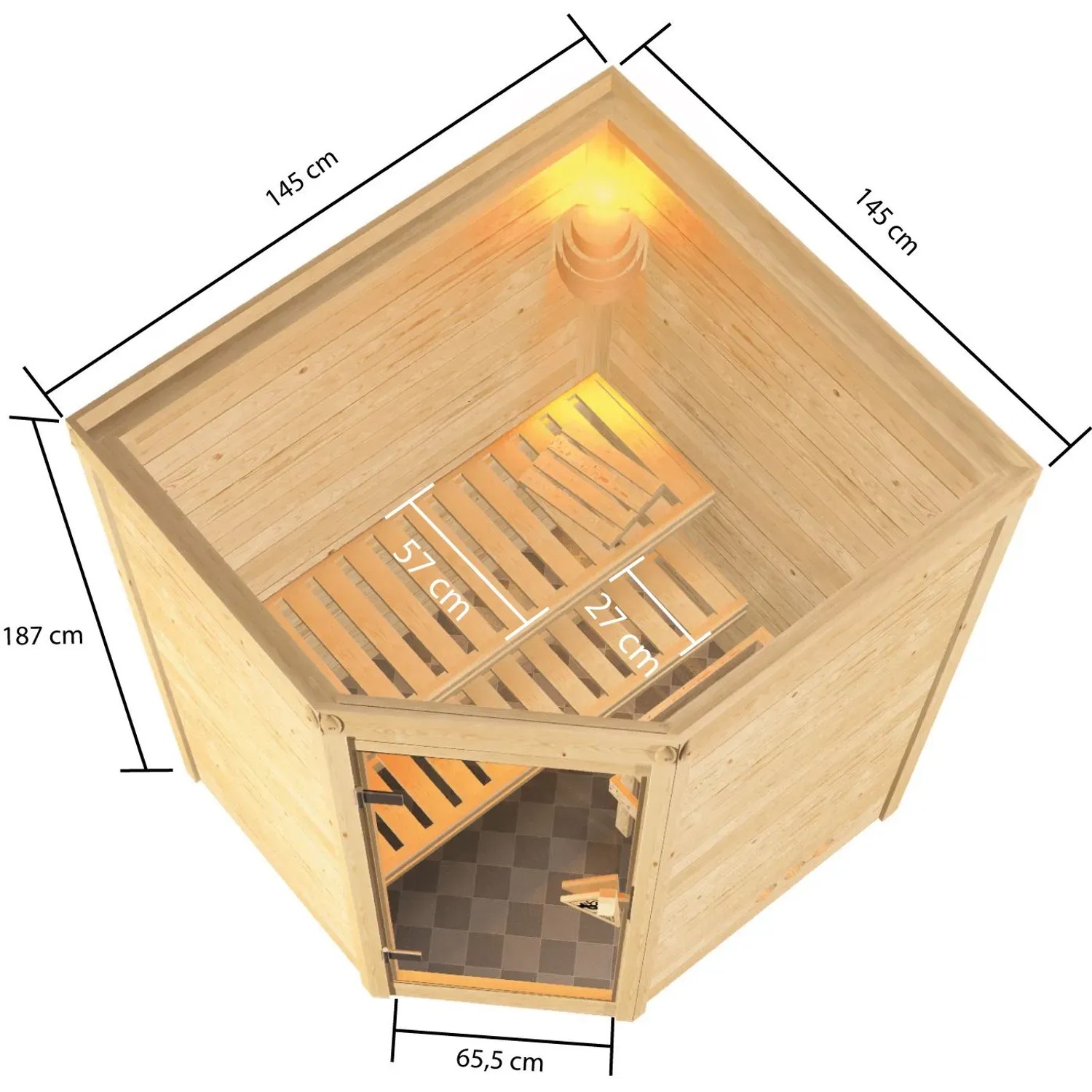 Woodfeeling Sauna Antonia mit Ofen, Eckeinstieg und Glastür. Massivholzsauna mit zwei Bänken.