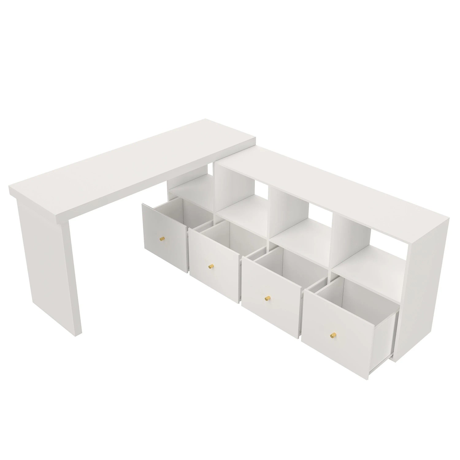 okwish Ecktisch Flexibel Aufstellbar mit 4 Fächern/4 Schubladen Schreibtisch 140 x 120 cm Weiß