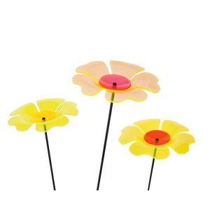Gartenstecker Mohnblume: Dekorative Garten Deko mit Acrylglas Blüten in Gelb und Orange, Höhe 75cm.