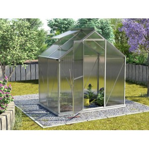 Vitavia Gewächshaus Triton 2500 mit Alu-Rahmen und Fundament im Garten.