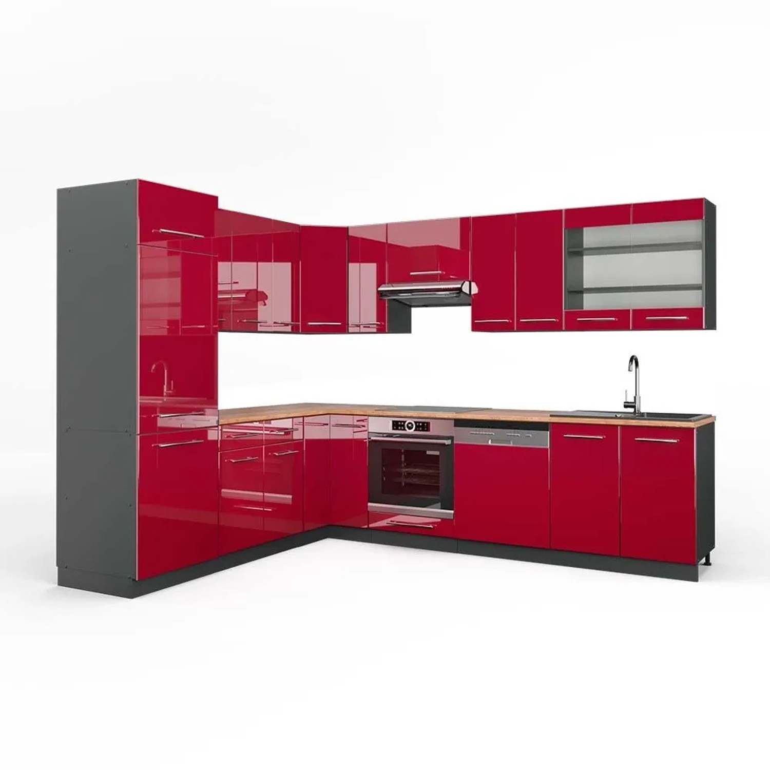 Vicco Eckküche Fame-Line Bordeaux Hochglanz/Anthrazit 287 x 82, AP Eiche