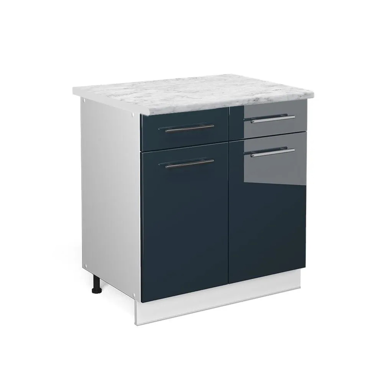 Vicco Küchenunterschrank Fame-Line DunkelBlau Hochglanz Weiß 80 cm AP Marmor