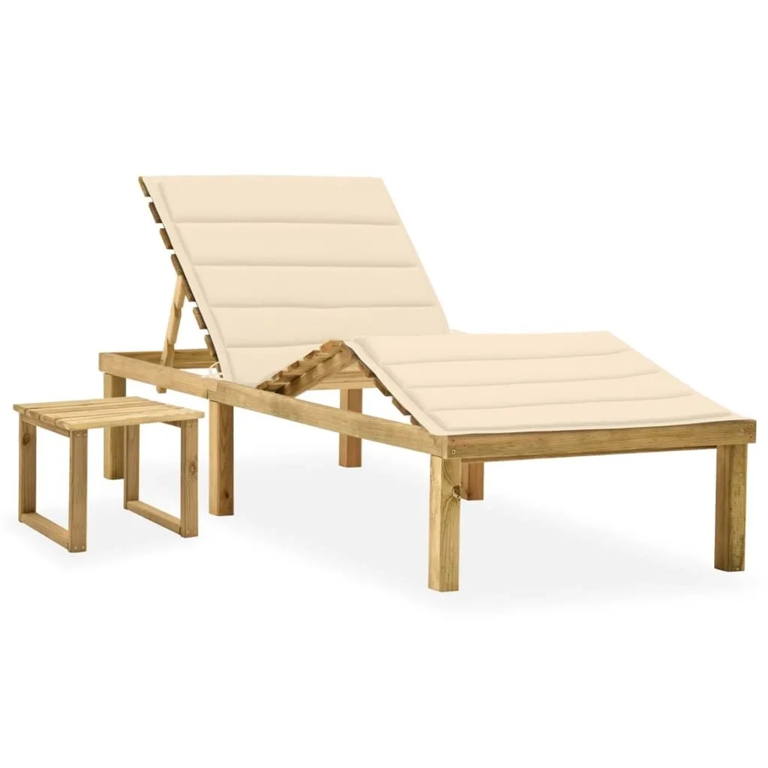 Furnicato Garten-sonnenliege Aus Imprägniertem Kiefernholz Mit Tisch Und Cremeweißer Auflage 200x70x 315-77  Cm