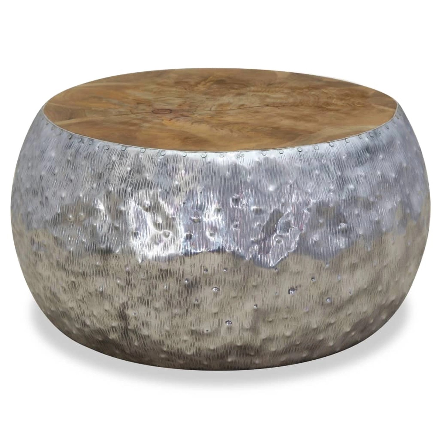 Runder Couchtisch: Aluminium-Gestell, Teak-Tischplatte, silber-braun, 60x60x30 cm. Wohnzimmertisch im modernen Design.