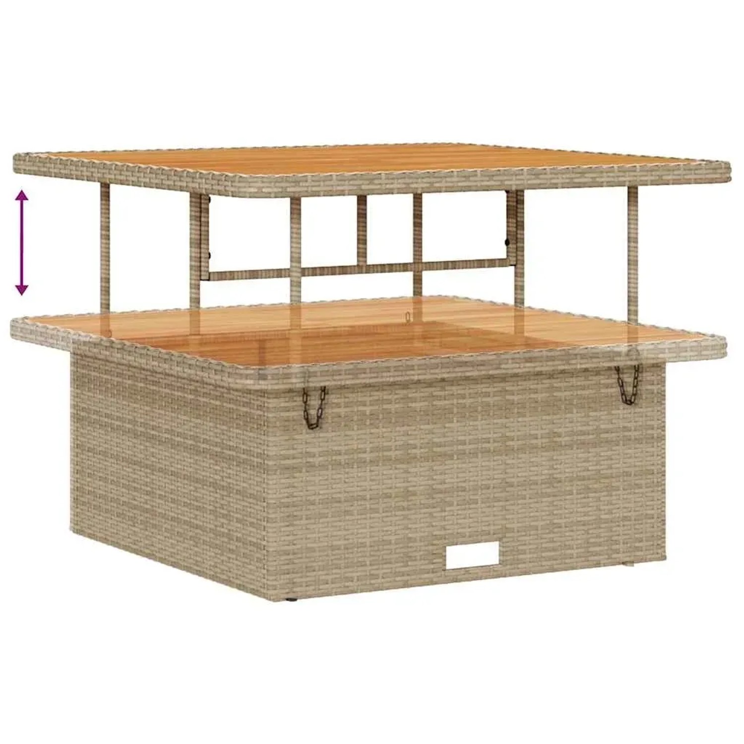 Höhenverstellbarer Tisch aus Poly Rattan, Teil des 13-tlg. Garten-Sofa-Sets in Beige.