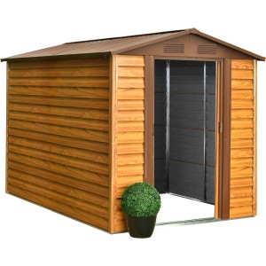 Pergart Gerätehaus Frankfurt II in Holzoptik, 236x195x209 cm, mit geöffneter Tür.