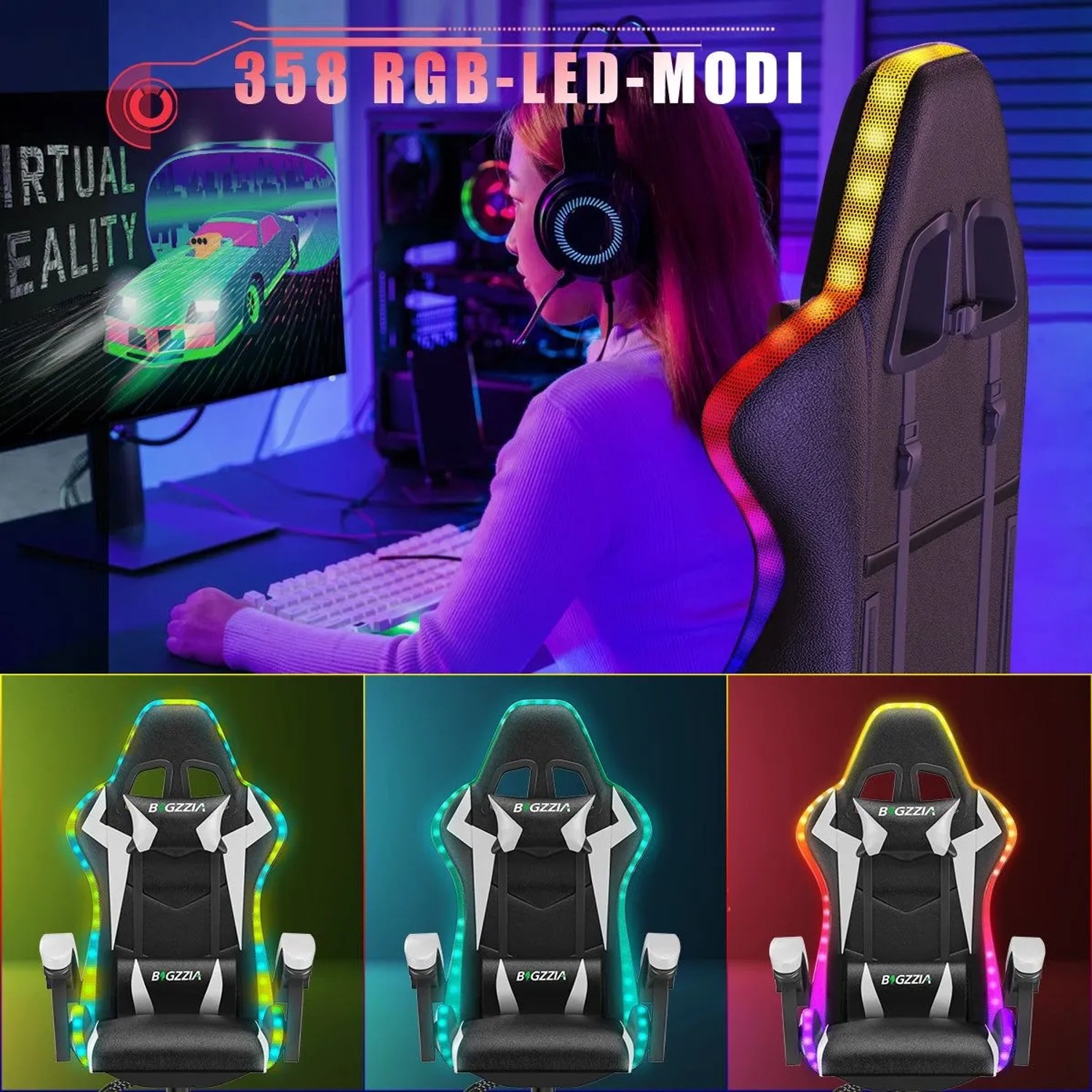 Ergonomischer Gaming Stuhl schwarz-weiß mit RGB-LED-Beleuchtung, Kopf- und Lendenstütze. Zeigt verschiedene Lichtmodi.