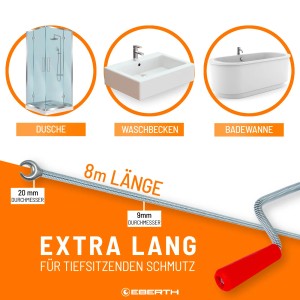 EBERTH Rohrreinigungsspirale, 8m lang, 9mm Durchmesser, mit Dusche, Waschbecken und Badewanne als Anwendungsbeispiele.