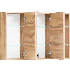 Held Möbel 3D-Spiegelschrank Trient, 100 cm, Wotaneiche, mit offenen Türen und Glasböden.
