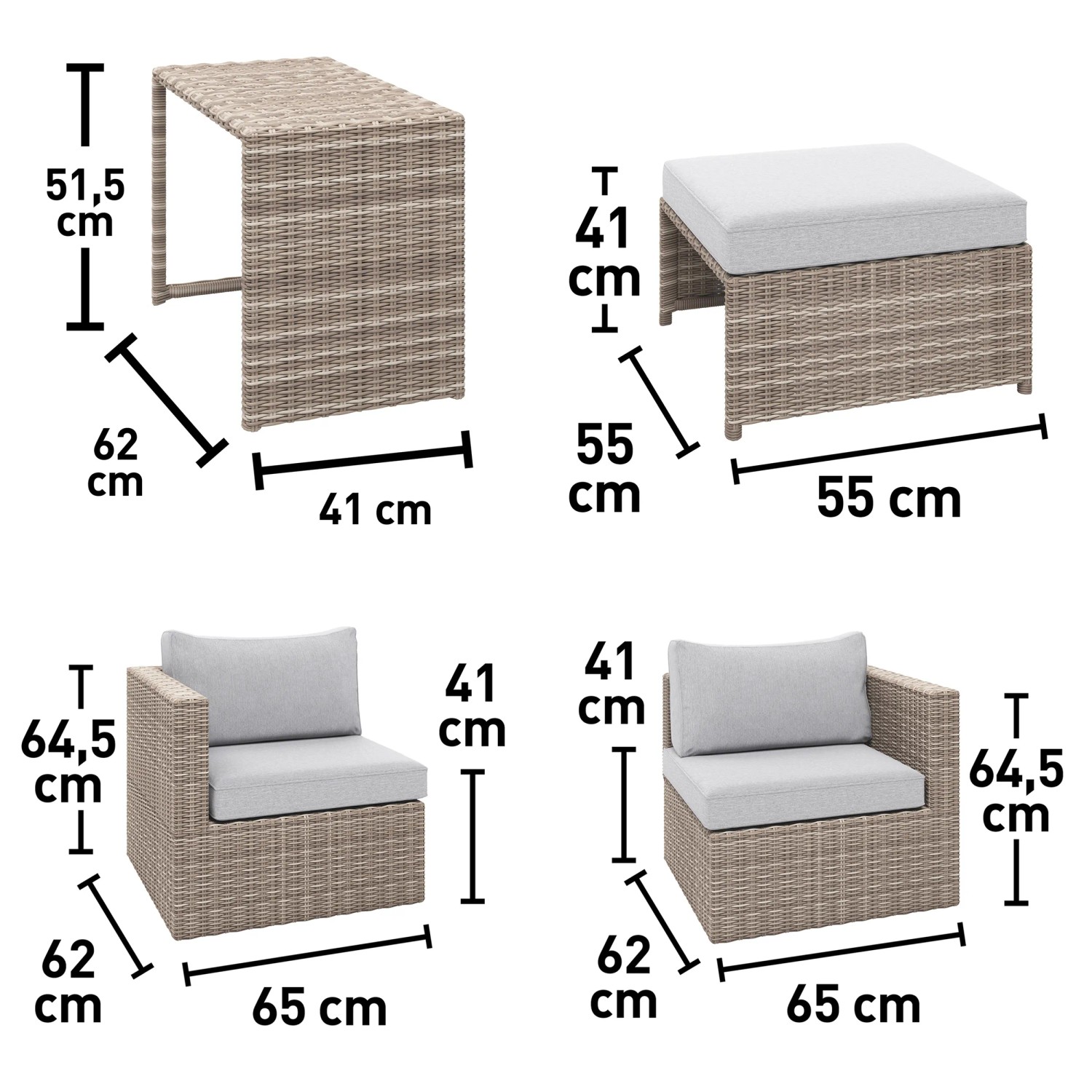 Balkonmöbel-Set Olea Mini, 5-teilig, Polyrattan hellgrau, mit Maßen von Tisch, Hockern und Sesseln.