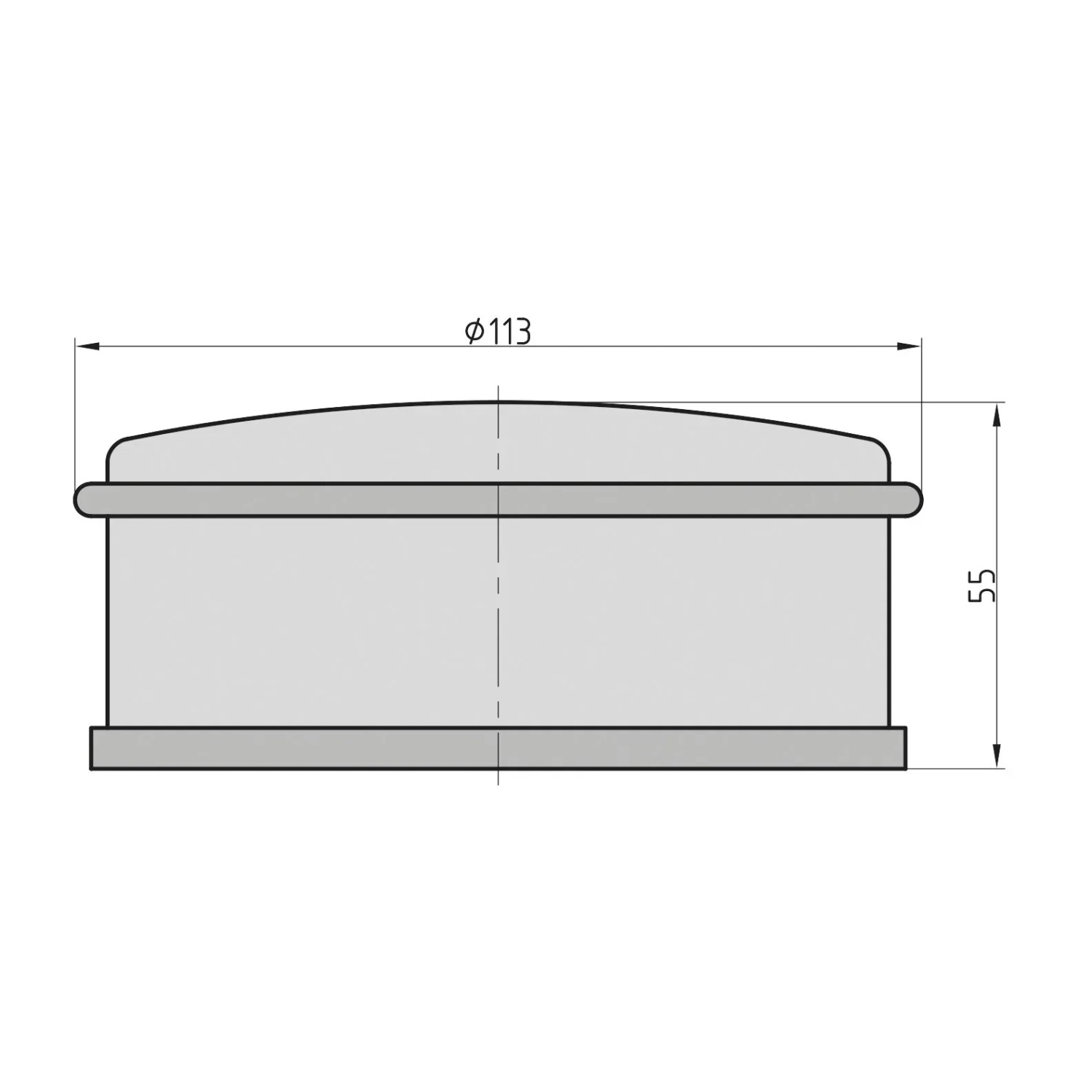 Technische Zeichnung: Basi Boden-Türstopper Set, Edelstahl, Maße Ø113 x 55 mm.